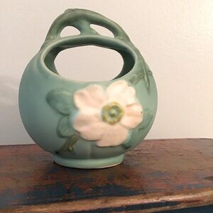 Vintage Weller rose ceramic basket with handle
